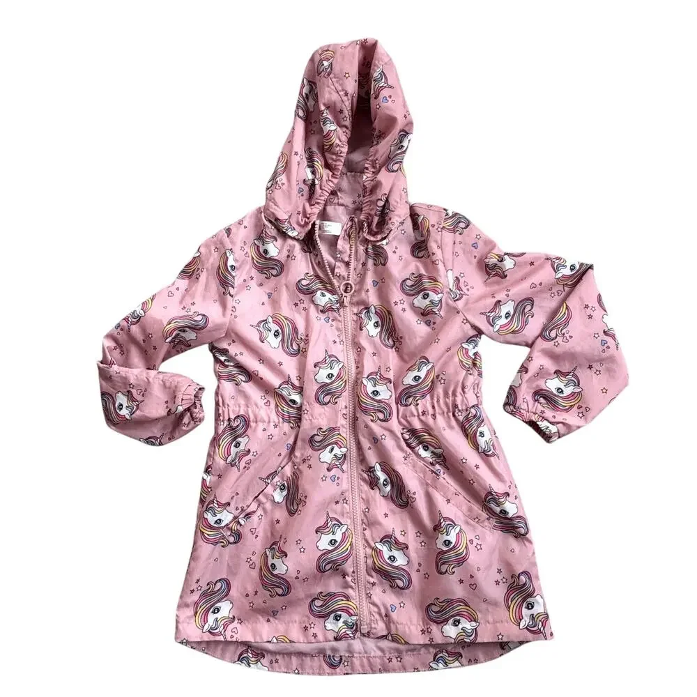 H&M Light Pink Hooded Unicorn Windbreaker Sz 7